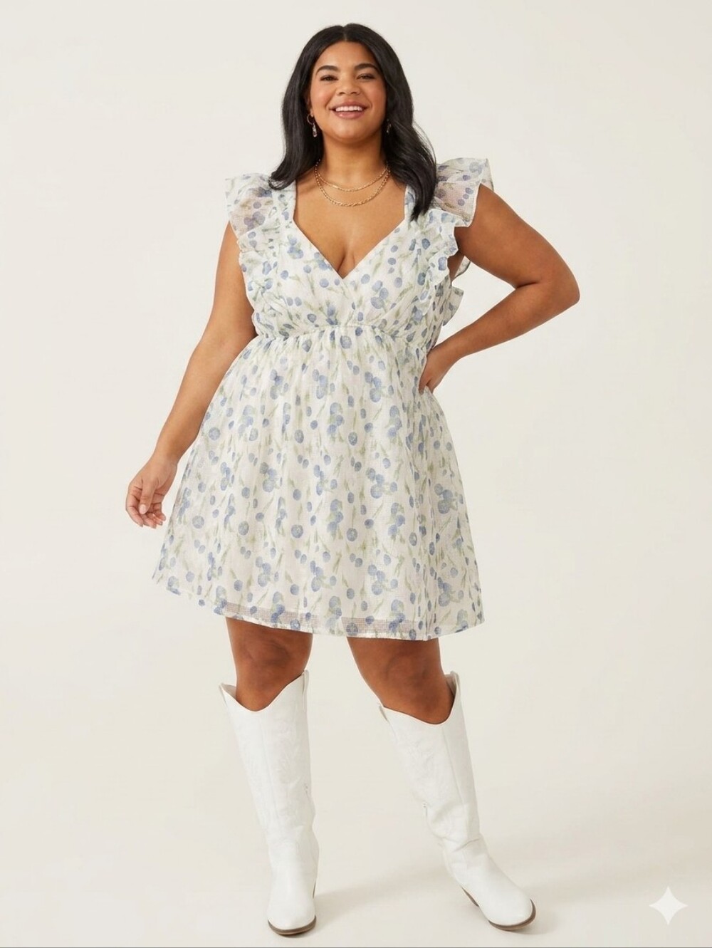 ARULA Cream Mini Dress with Blue Floral Accents